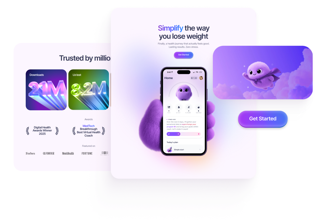 Blinky in product: app home screen with the mascot, ‘Trusted by millions’ stats, and Get Started button