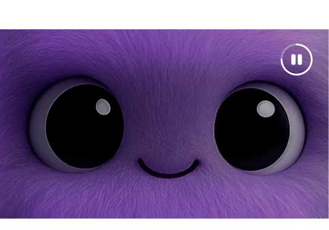 Blinky — a fluffy purple mascot with big eyes, video still