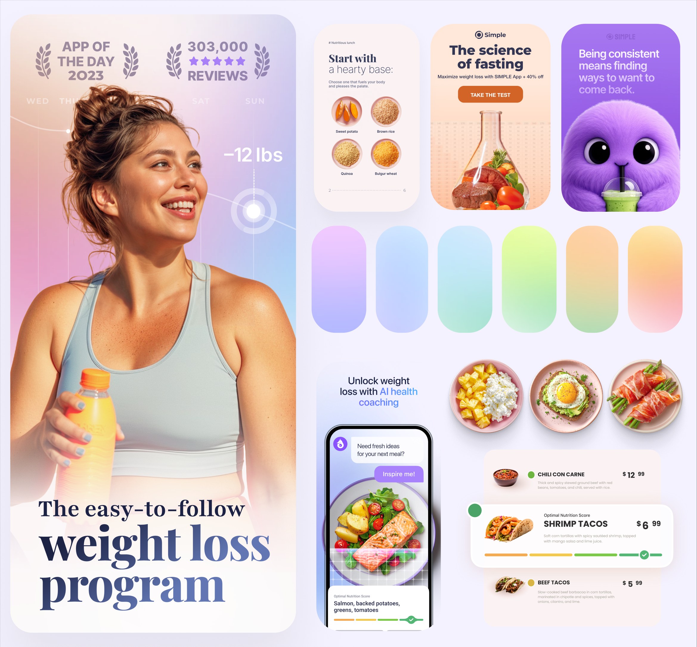 Simple AI health coaching: meal-scanning phone app, food plates, and a menu with nutrition scores