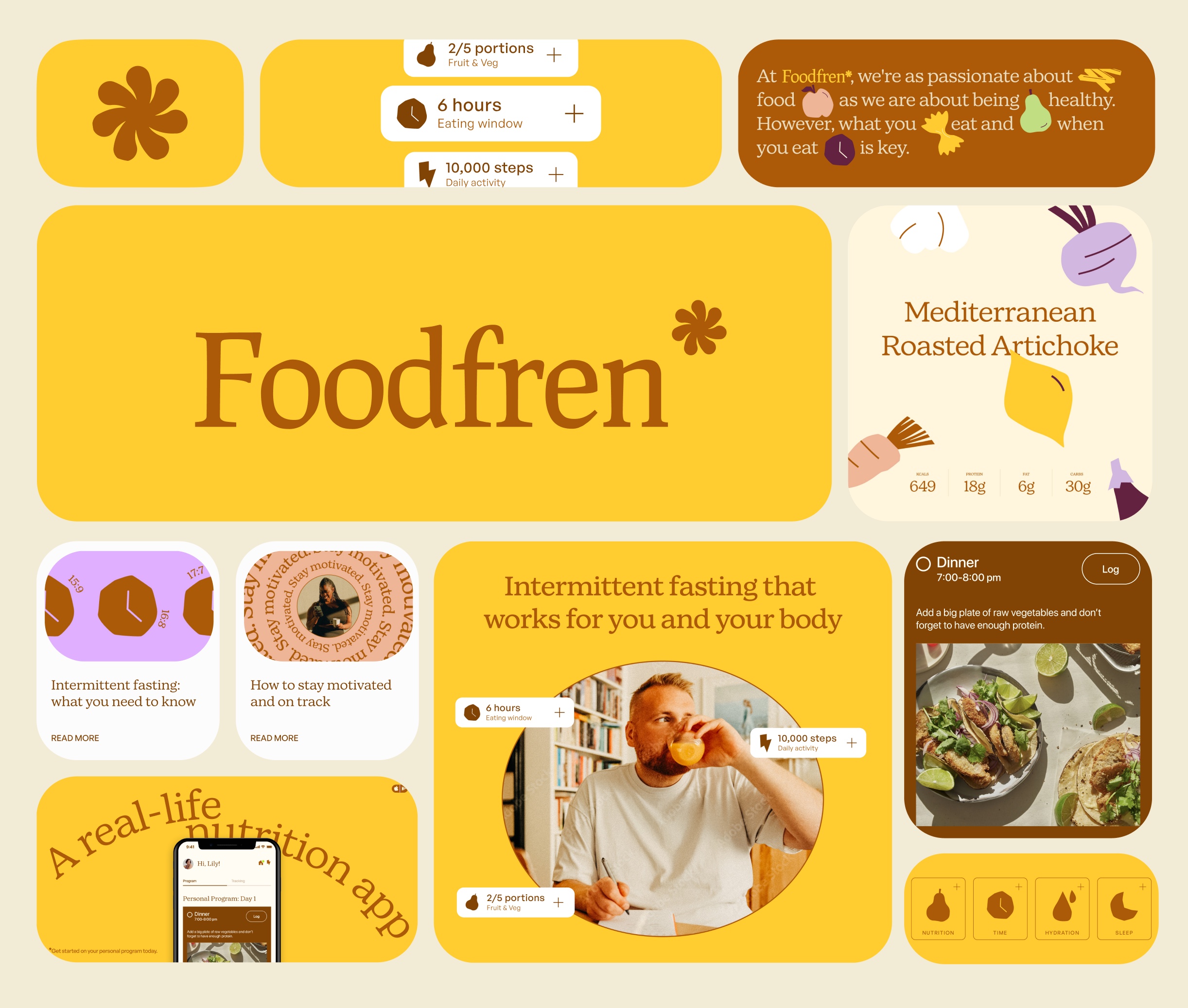 Foodfren brand system: yellow wordmark, nutrition cards, intermittent fasting content