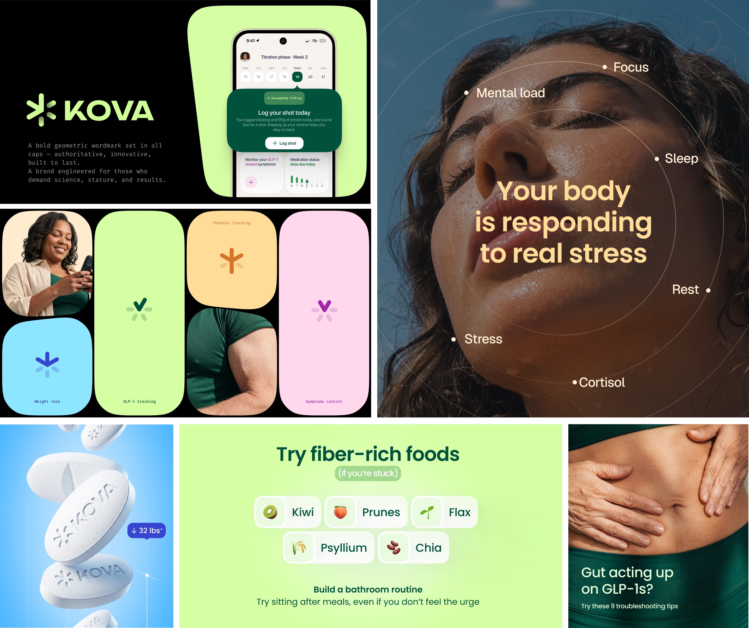 KOVA brand system: wordmark, app screens, brand tiles, and educational content cards